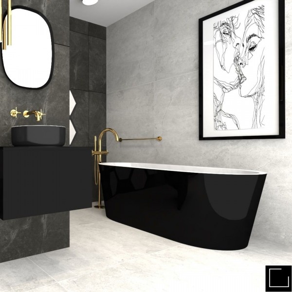 Elegancka czarna łazienka ze złotą armaturą!