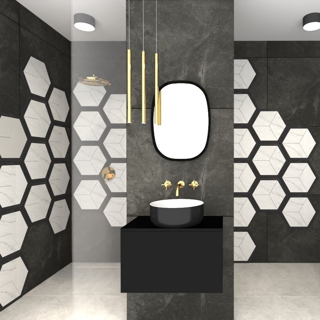 Elegancka czarna łazienka ze złotą armaturą!