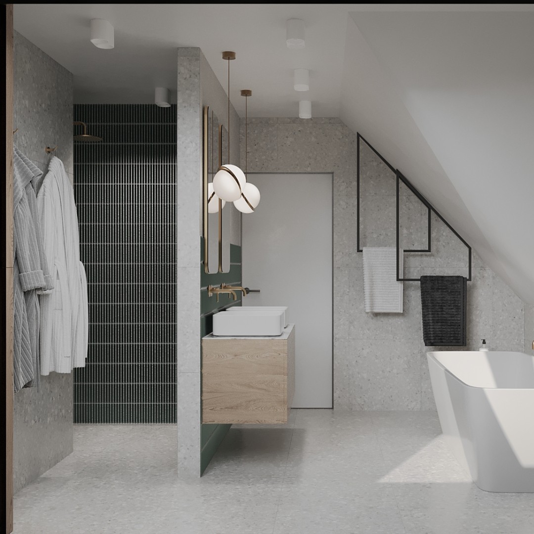 Duża łazienka na poddaszu z wanną i prysznicem!