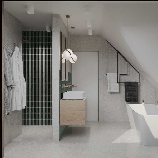 Duża łazienka na poddaszu z wanną i prysznicem!