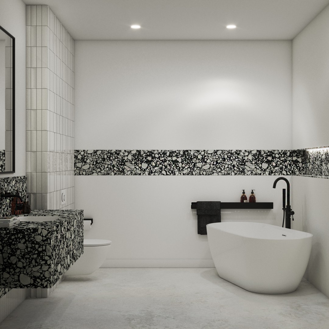 Wolnostojąca bateria wannowa w biało-czarnej łazience!