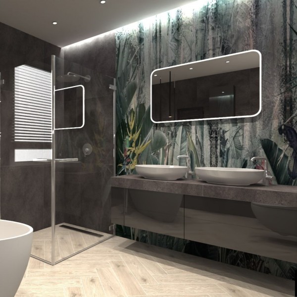 Czarna łazienka z tapetą z motywem roślinnym!