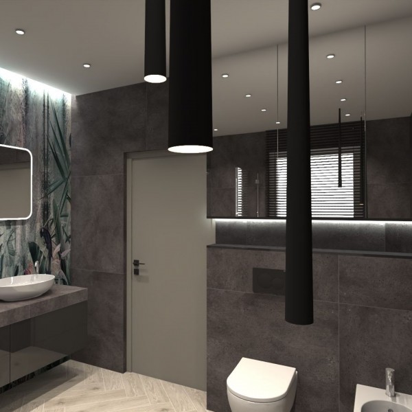 Czarna łazienka z tapetą z motywem roślinnym!