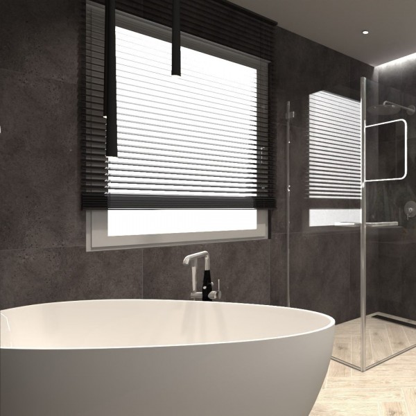 Czarna łazienka z tapetą z motywem roślinnym!