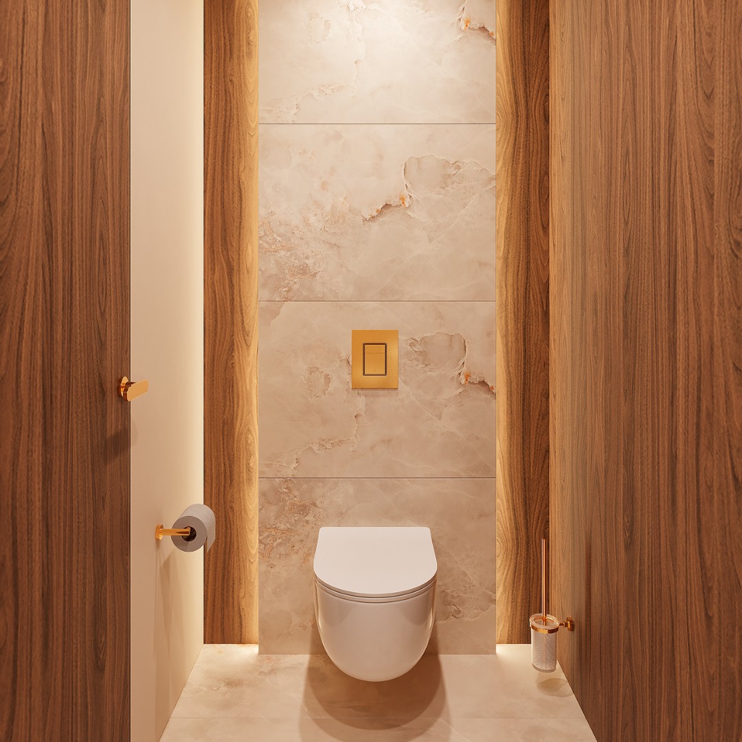 Złoty przycisk do spłuczki WC w projekcie toalety!