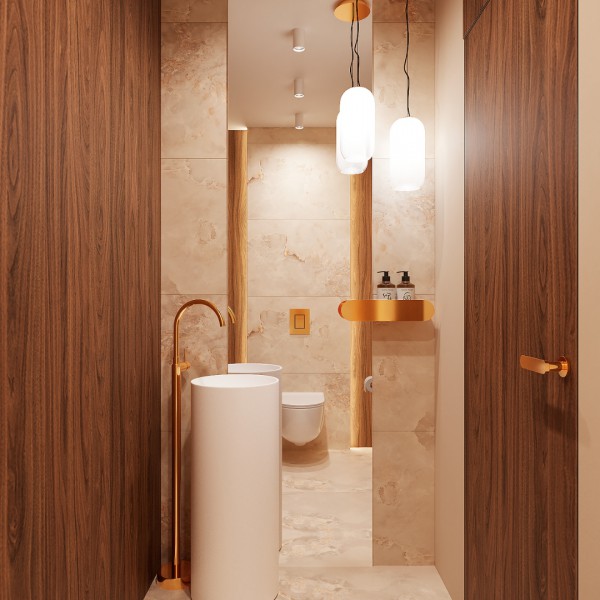 Złoty przycisk do spłuczki WC w projekcie toalety!