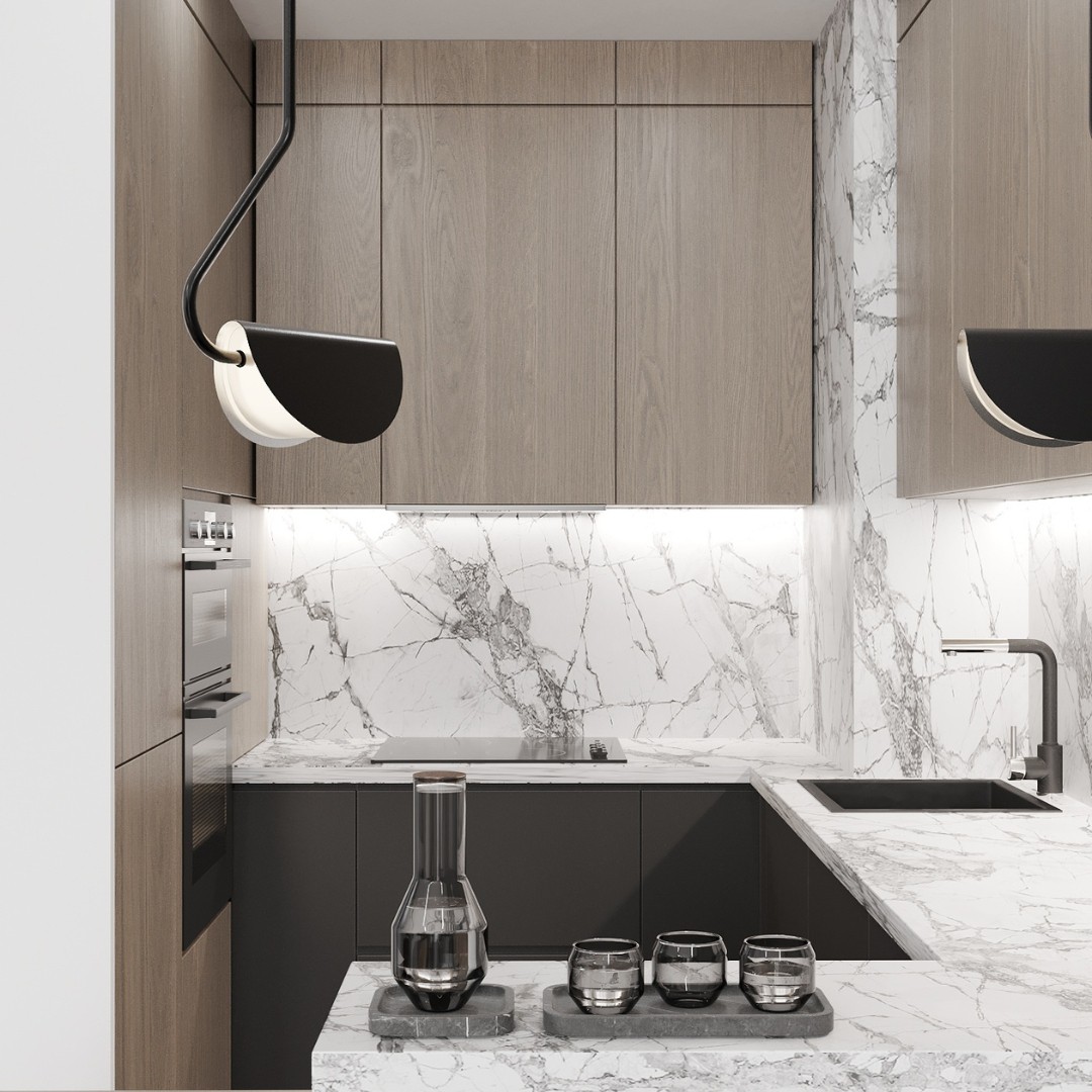 Czarna bateria kuchenna w towarzystwie marmuru!