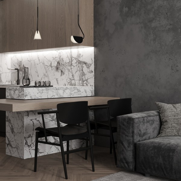 Czarna bateria kuchenna w towarzystwie marmuru!