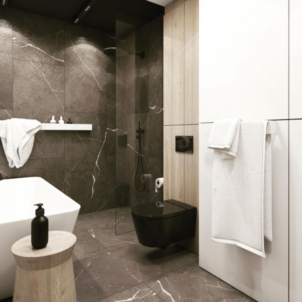 Równowaga kontrastów: elegancka łazienka z czarnymi i drewnianymi akcentami!
