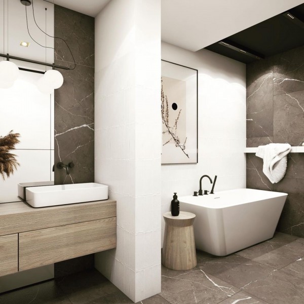 Równowaga kontrastów: elegancka łazienka z czarnymi i drewnianymi akcentami!