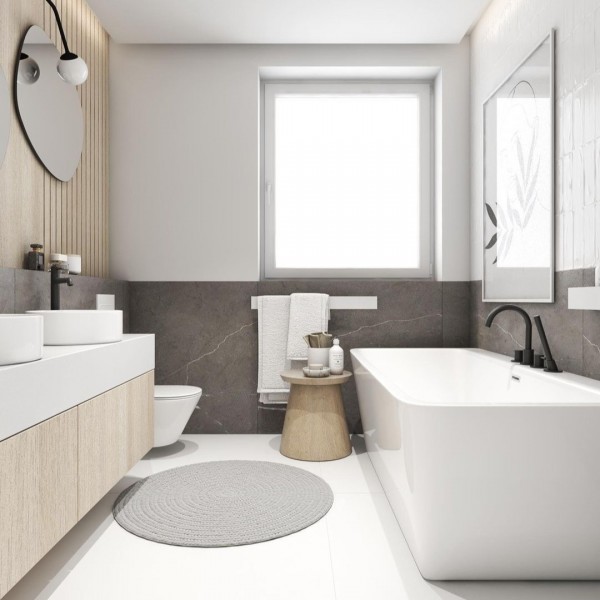 Okrągła umywalka w łazience z oknem!