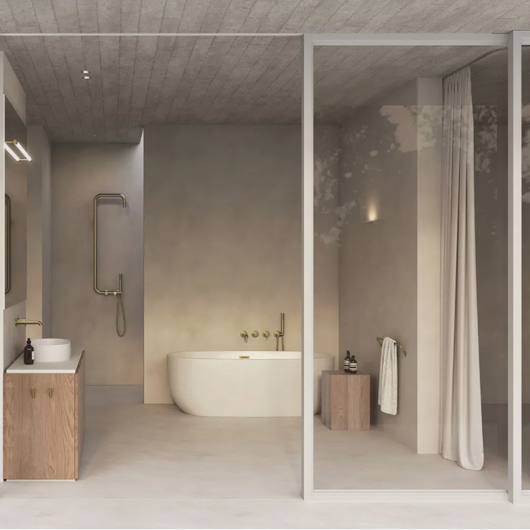 Nastrojowa nowoczesna łazienka: Beże, drewno i złote akcenty w serii Deante Silia!