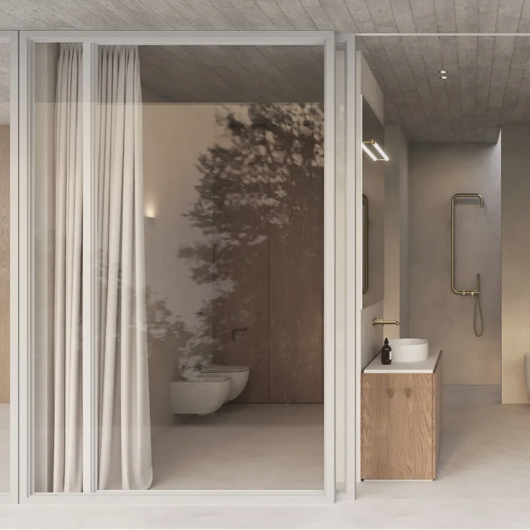 Nastrojowa nowoczesna łazienka: Beże, drewno i złote akcenty w serii Deante Silia!