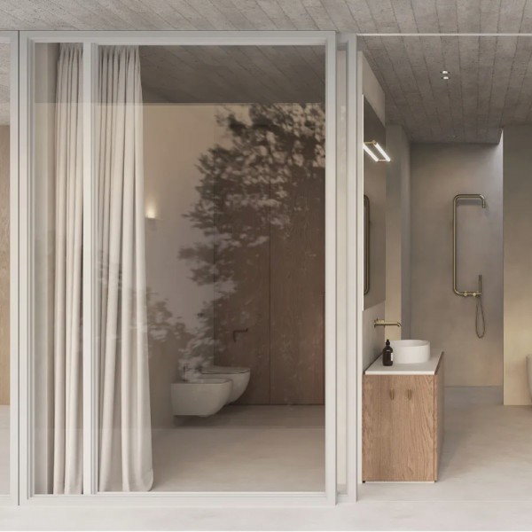 Nastrojowa nowoczesna łazienka: Beże, drewno i złote akcenty w serii Deante Silia!