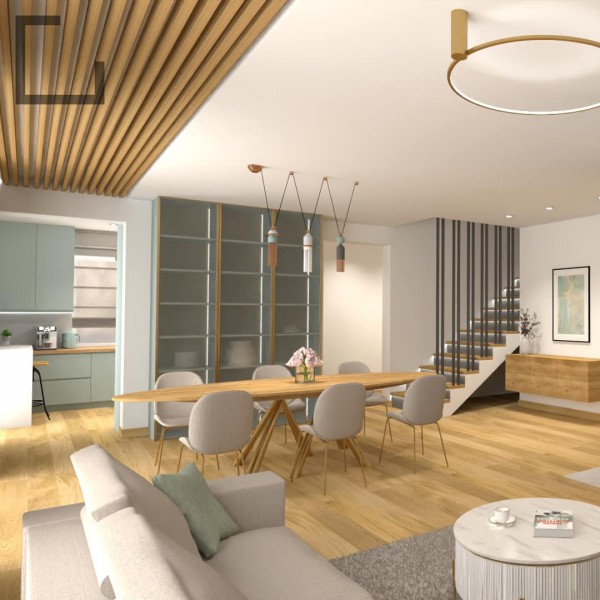 Nowoczesna kuchnia w drewno-seledynowej aranżacji: Połączenie funkcjonalności i estetyki!