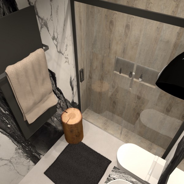 Mała łazienka z harmonią kontrastów: elegancja czarno-białych płytek i funkcjonalność kabiną prysznicową!