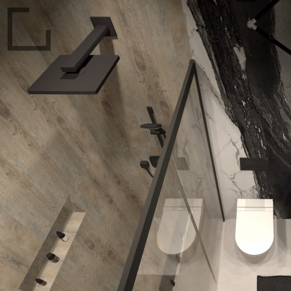 Mała łazienka z harmonią kontrastów: elegancja czarno-białych płytek i funkcjonalność kabiną prysznicową!