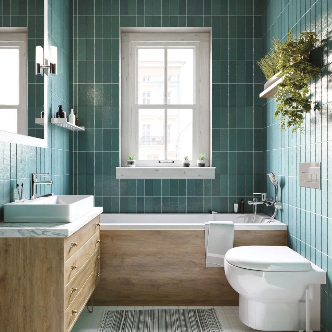 Projekt małej łazienki w bloku: Turkusowe płytki, drewniane akcenty i bateria prysznicowo-wannowa Deante TUBO!