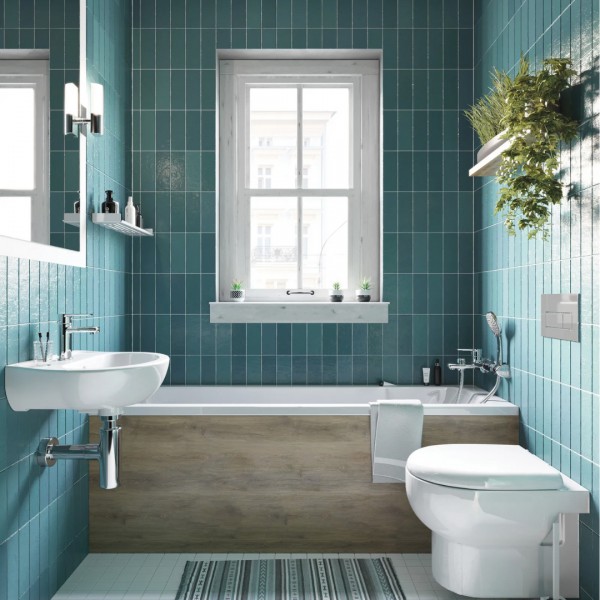 Projekt małej łazienki w bloku: Turkusowe płytki, drewniane akcenty i bateria prysznicowo-wannowa Deante TUBO!