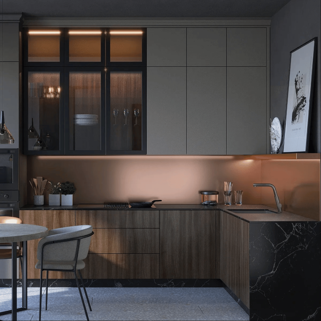 Nowoczesna kuchnia z antracytowym zlewem i prostą, czarną baterią