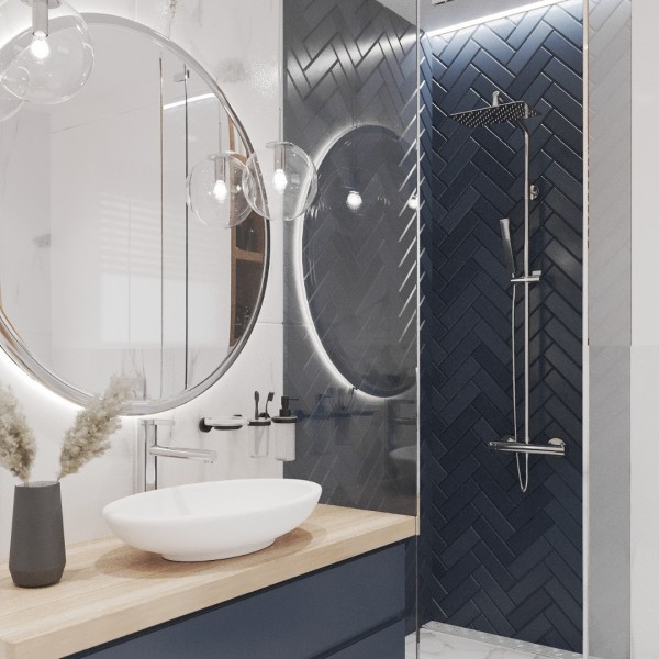 Biały marmur połączony z granatowymi płytkami w jodełkę!