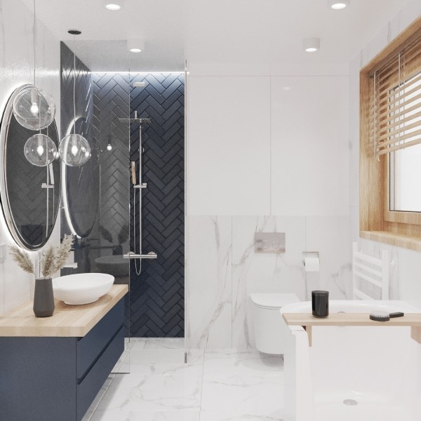 Biały marmur połączony z granatowymi płytkami w jodełkę!