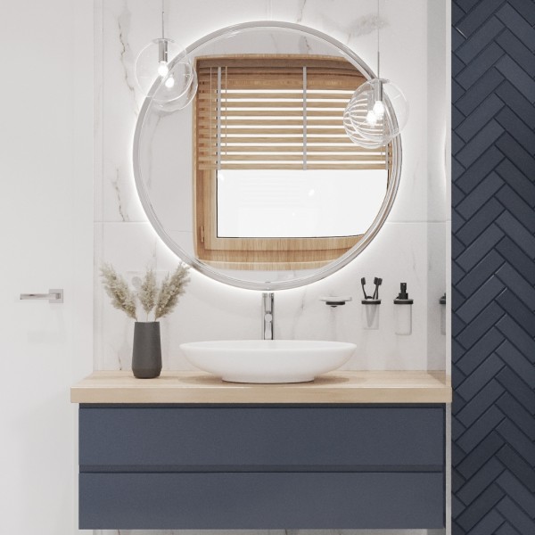 Biały marmur połączony z granatowymi płytkami w jodełkę!