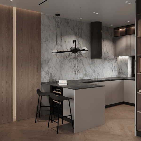 Nowoczesna kuchnia w ciepłym beżu z zlewem podblatowym pod oknem