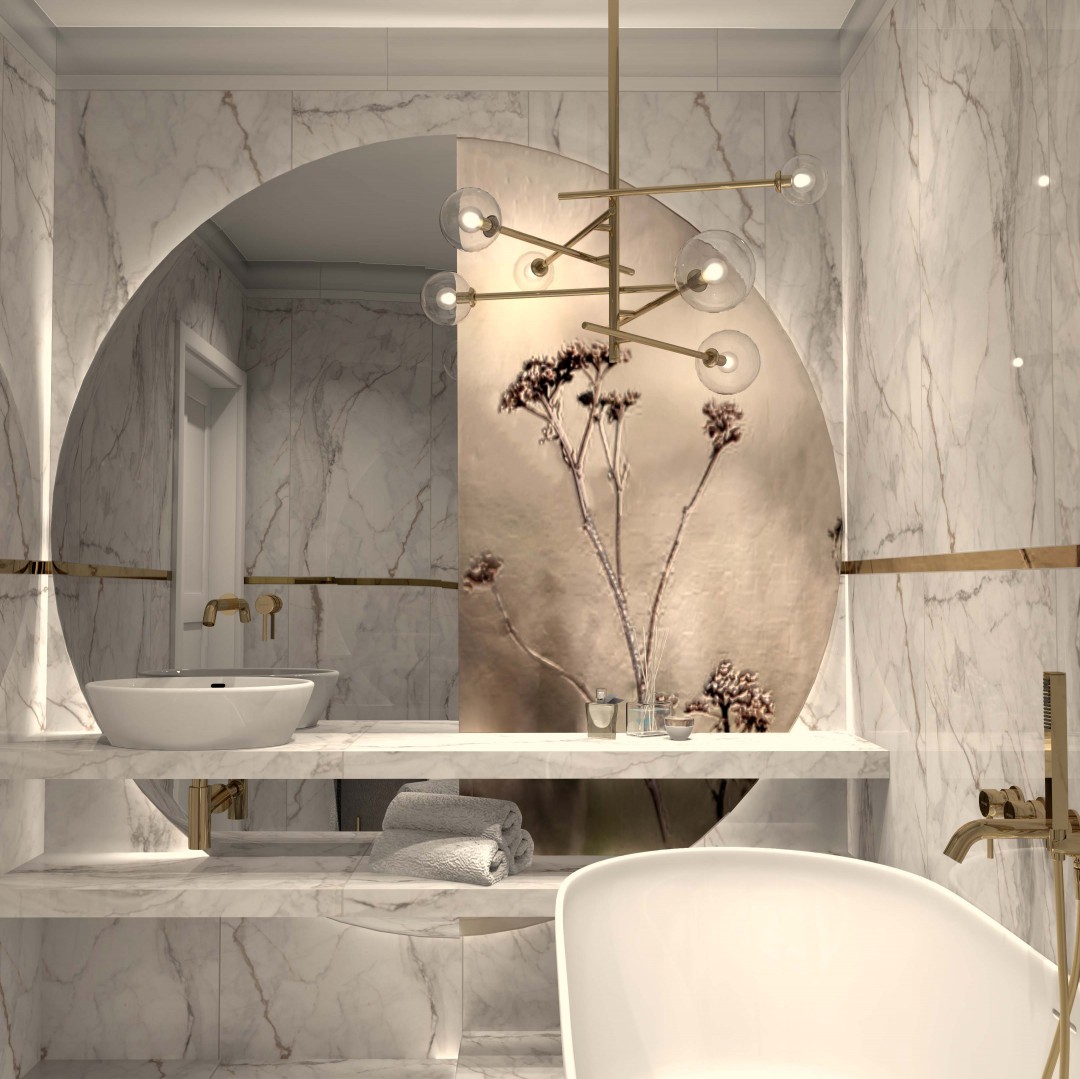 Przestrzeń Pełna Elegancji: Łazienka Glamour z Wolnostojącą Wanną i Złotymi Elementami!