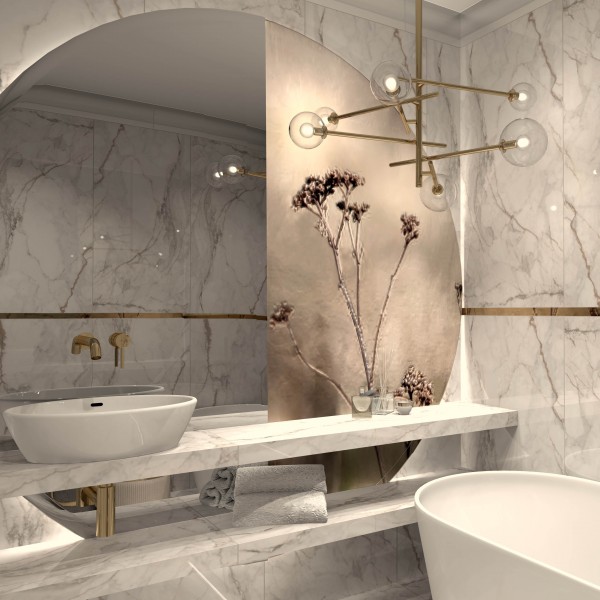 Przestrzeń Pełna Elegancji: Łazienka Glamour z Wolnostojącą Wanną i Złotymi Elementami!