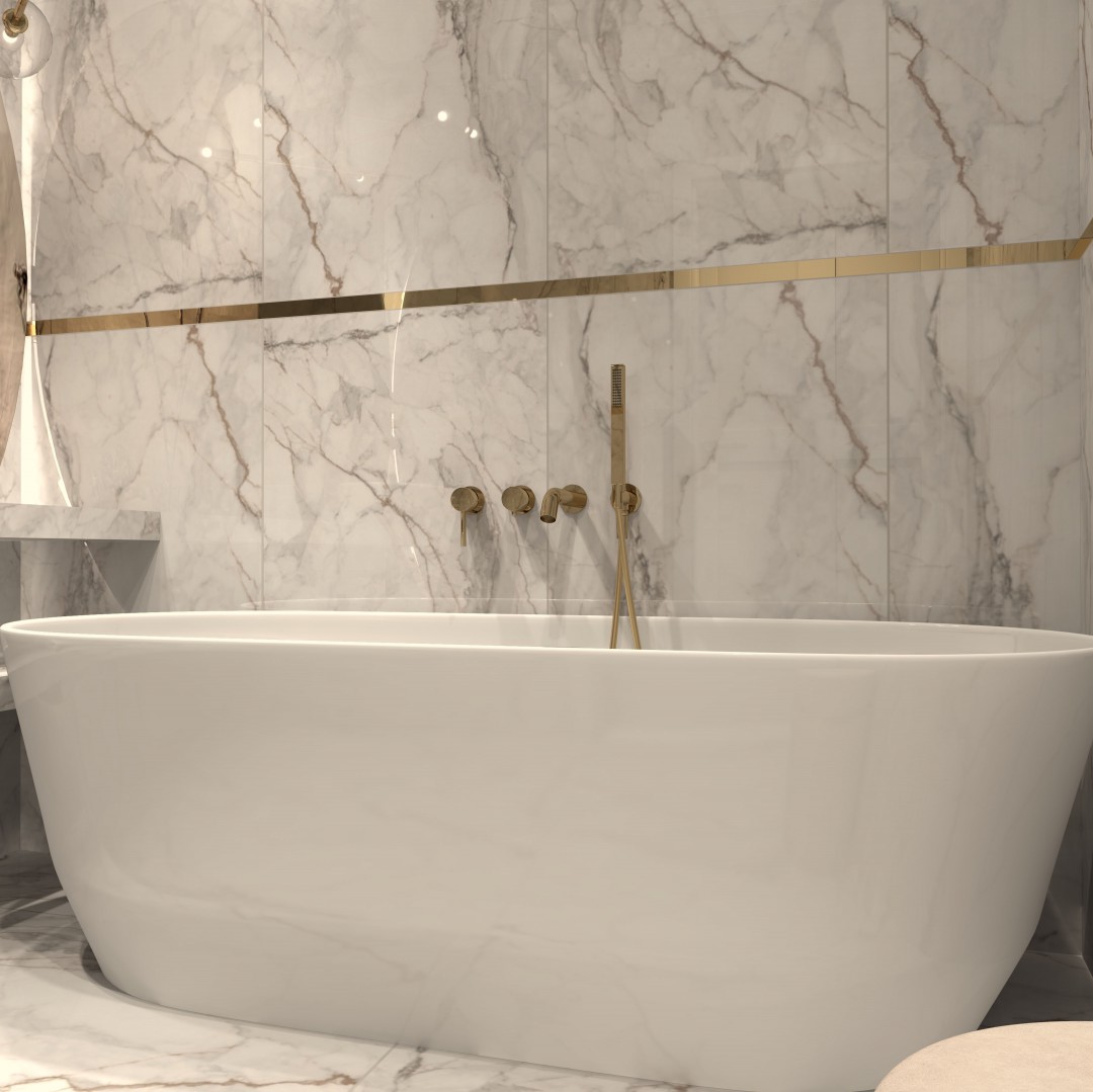 Przestrzeń Pełna Elegancji: Łazienka Glamour z Wolnostojącą Wanną i Złotymi Elementami!