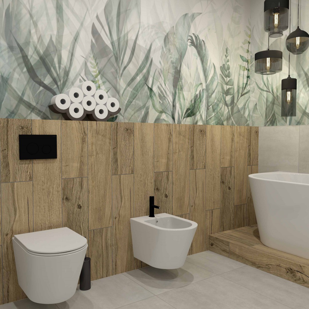 Wanna wolnostojąca na podeście obok WC, bidetu i ściany z motywem liści