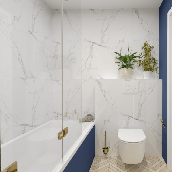 Mała, wąska łazienka z wanną w zabudowie