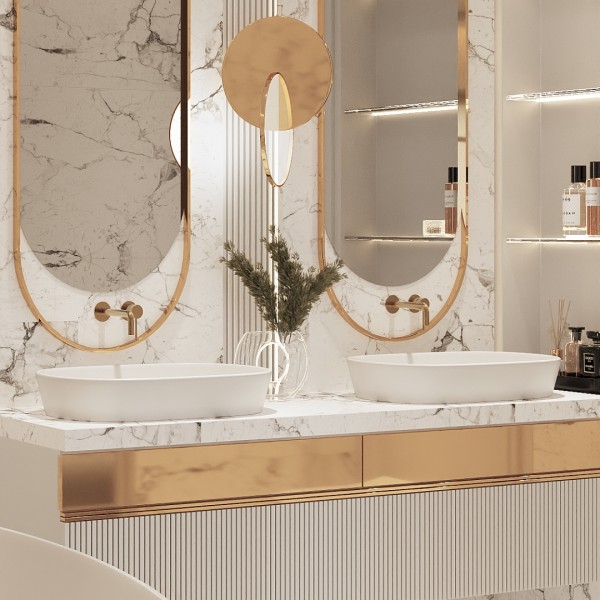 Luksusowa łazienka w marmurze i złocie – elegancja w nowoczesnym wydaniu