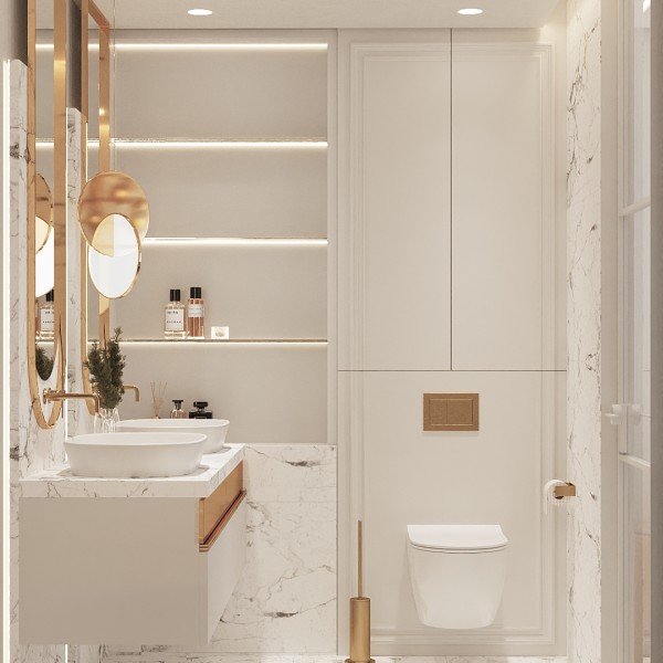 Luksusowa łazienka w marmurze i złocie – elegancja w nowoczesnym wydaniu