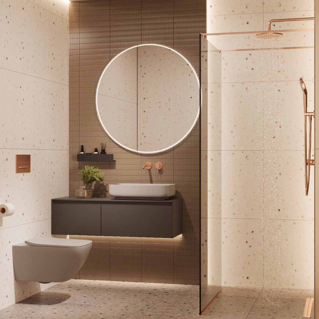 Elegancka mała łazienka z prysznicem walk-in i podtynkową baterią umywalkową
