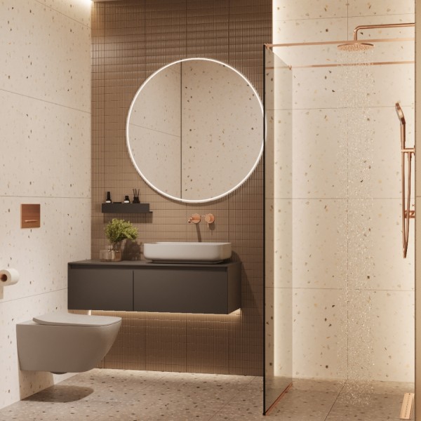 Elegancka mała łazienka z prysznicem walk-in i podtynkową baterią umywalkową