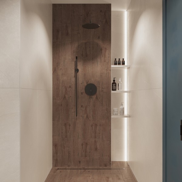 Nowoczesna łazienka z drewnem i granatowymi szafkami