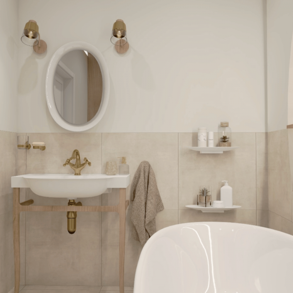 Jasna łazienka w stylu boho z wolnostojącą wanną