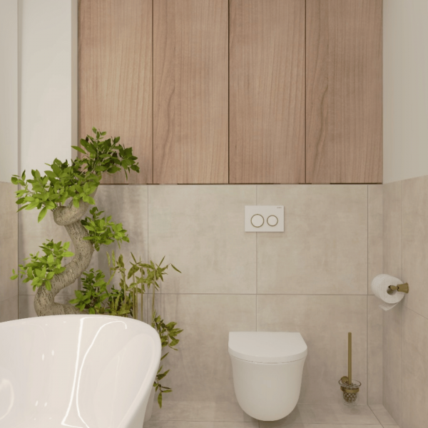 Jasna łazienka w stylu boho z wolnostojącą wanną