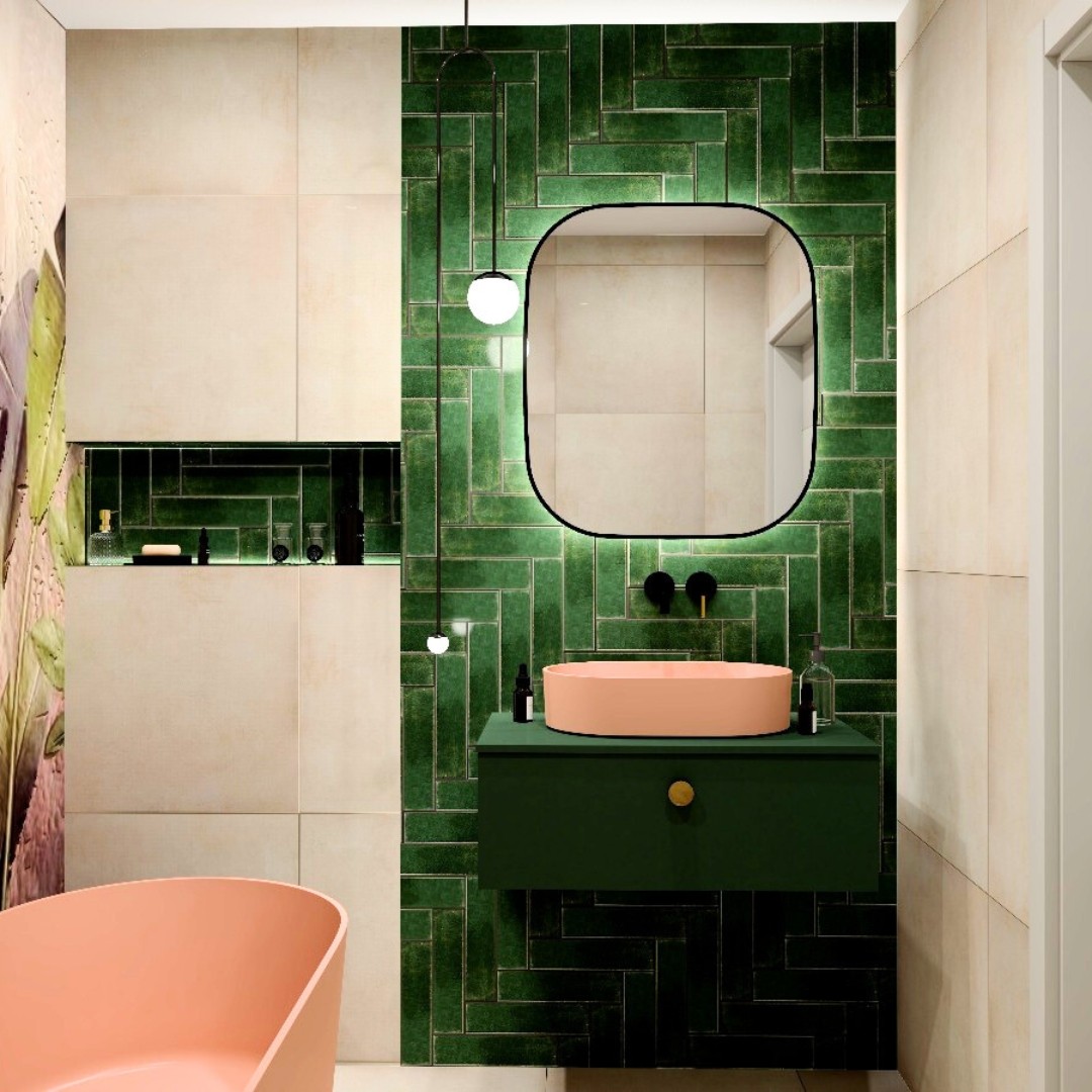 Nowoczesna łazienka z kolorową wanną i roślinnym motywem