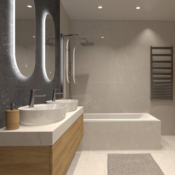 Nowoczesna łazienka z wanną, parawanem nawannowym i deszczownicą