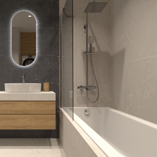 Nowoczesna łazienka z wanną, parawanem nawannowym i deszczownicą