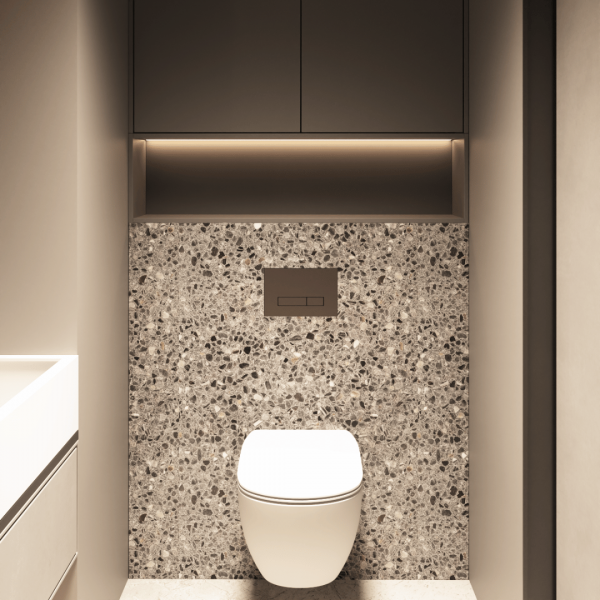 Elegancki projekt toalety z marmurem i złotymi akcentami 