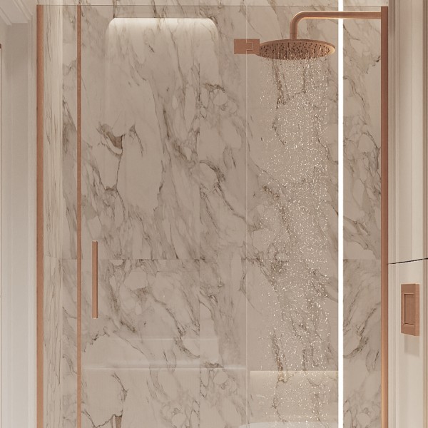 Łazienka z marmurem i baterią prysznicową z deszczownicą – luksusowa aranżacja wnętrza