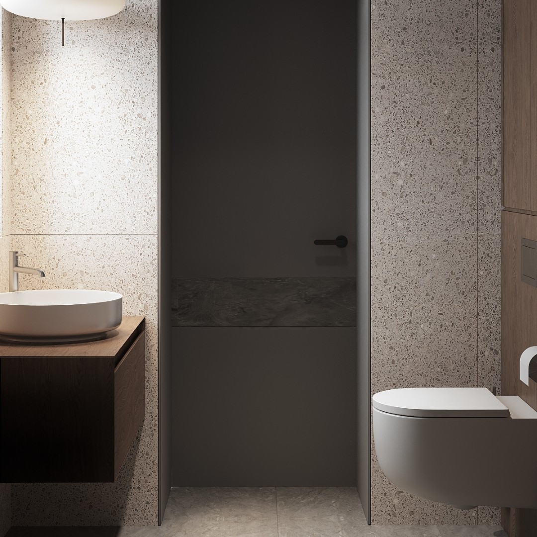 Minimalistyczna toaleta z umywalką nablatową i podwieszaną misą WC – elegancja w prostym wydaniu
