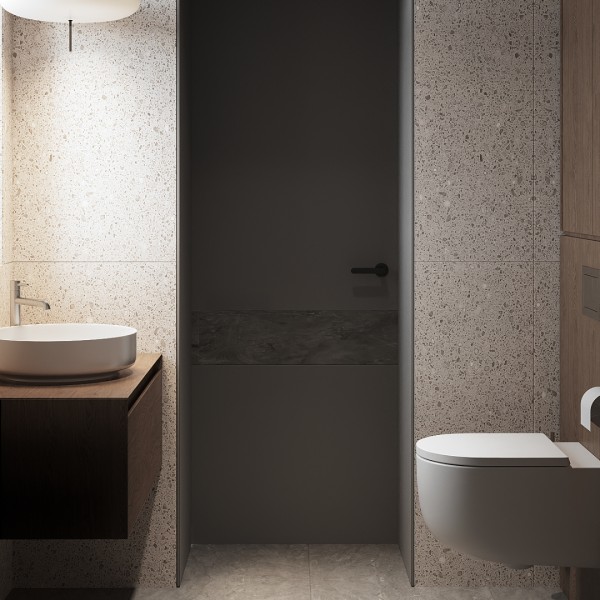 Minimalistyczna toaleta z umywalką nablatową i podwieszaną misą WC – elegancja w prostym wydaniu