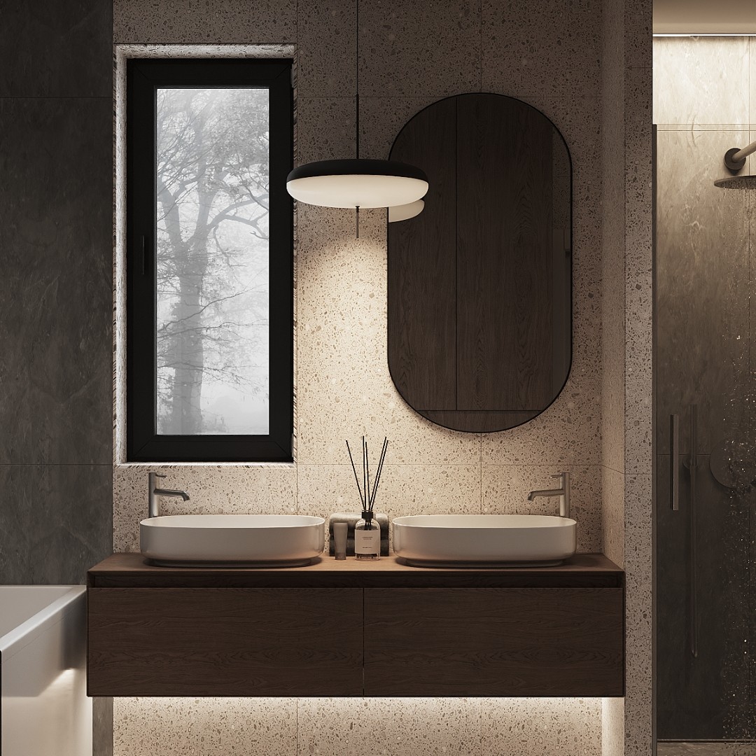 Nowoczesna łazienka z podwójną umywalką nablatową i miską WC – funkcjonalność i styl