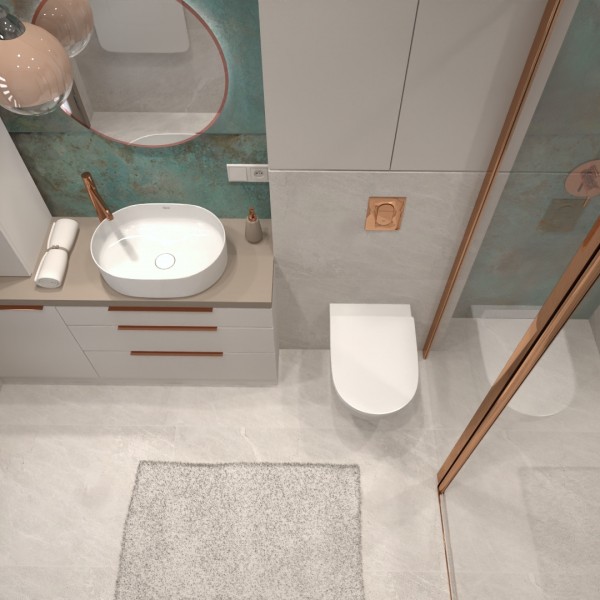 Nowoczesna łazienka z baterią prysznicową z deszczownicą i miedzianymi detalami