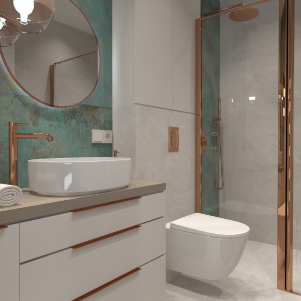 Nowoczesna łazienka z baterią prysznicową z deszczownicą i miedzianymi detalami